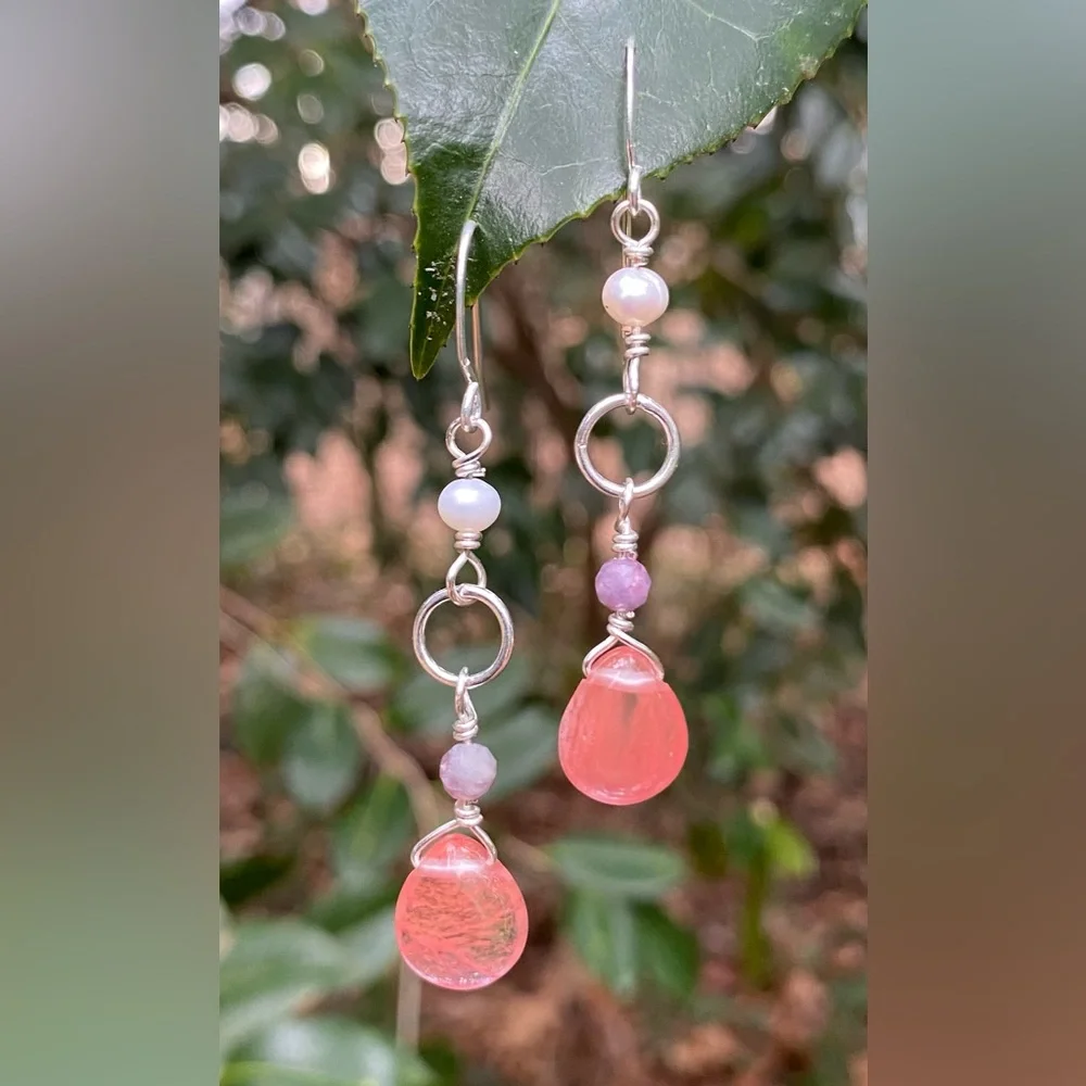 Silver and Strawberry Quartz Drop Earrings - Picture 4 of 6